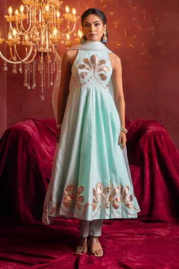 Shop Pomcha Jaipur Aqua Organza Round Neck Gota Patti Hand Work Anarkali Set Shop_Pomcha Jaipur_Aqua Organza Round Neck Gota Patti Hand Work Anarkali Set
