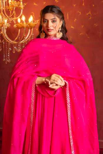 Pomcha Jaipur_Pink Organza Sweetheart Neck Taari-zari Hand Work Anarkali Set _at_Aza_Fashions