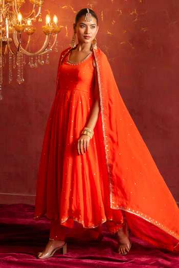 Buy_Pomcha Jaipur_Orange Organza Round Neck Taari-sequin Hand Work Anarkali Set _Online_at_Aza_Fashions