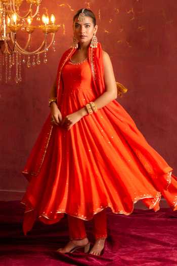Shop_Pomcha Jaipur_Orange Organza Round Neck Taari-sequin Hand Work Anarkali Set _Online_at_Aza_Fashions