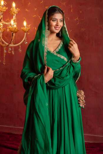 Pomcha Jaipur Green Organza V-neck, Yes Gota Patti Angarkha Set at Aza Fashions Pomcha Jaipur_Green Organza V-neck, Yes Gota Patti Angarkha Set _at_Aza_Fashions
