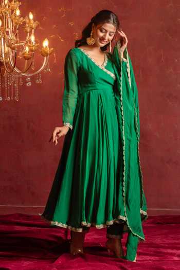 Buy Pomcha Jaipur Green Organza V-neck, Yes Gota Patti Angarkha Set Buy_Pomcha Jaipur_Green Organza V-neck, Yes Gota Patti Angarkha Set