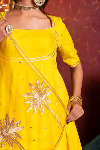 Shop Pomcha Jaipur Yellow Organza Square Neck Gota Patti Anarkali Set Online at Aza Fashions Shop_Pomcha Jaipur_Yellow Organza Square Neck Gota Patti Anarkali Set _Online_at_Aza_Fashions