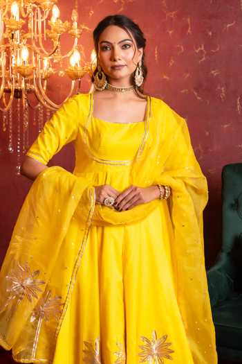 Pomcha Jaipur Yellow Organza Square Neck Gota Patti Anarkali Set at Aza Fashions Pomcha Jaipur_Yellow Organza Square Neck Gota Patti Anarkali Set _at_Aza_Fashions