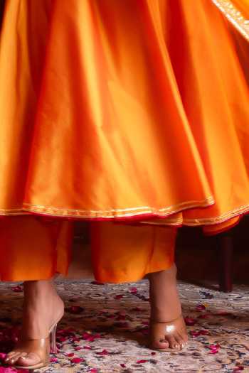 Pomcha Jaipur Orange Taffeta, Organza Round Neck Gota Patti Work Anarkali Set Online at Aza Fashions Pomcha Jaipur_Orange Taffeta, Organza Round Neck Gota Patti Work Anarkali Set _Online_at_Aza_Fashions