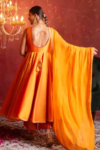Shop Pomcha Jaipur Orange Taffeta, Organza Round Neck Gota Patti Work Anarkali Set at Aza Fashions Shop_Pomcha Jaipur_Orange Taffeta, Organza Round Neck Gota Patti Work Anarkali Set _at_Aza_Fashions