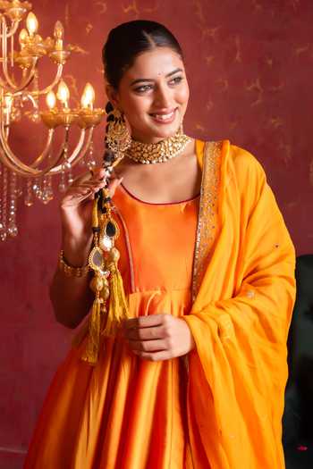 Pomcha Jaipur Orange Taffeta, Organza Round Neck Gota Patti Work Anarkali Set at Aza Fashions Pomcha Jaipur_Orange Taffeta, Organza Round Neck Gota Patti Work Anarkali Set _at_Aza_Fashions