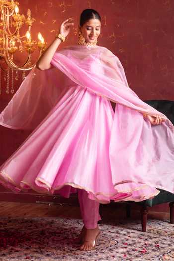Shop_Pomcha Jaipur_Pink Organza Sweetheart Neck Gota Patti Anarkali Set _Online_at_Aza_Fashions