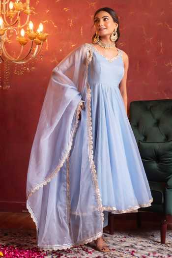 Pomcha Jaipur Blue Organza V-neck Gota Patti Anarkali Set at Aza Fashions Pomcha Jaipur_Blue Organza V-neck Gota Patti Anarkali Set _at_Aza_Fashions