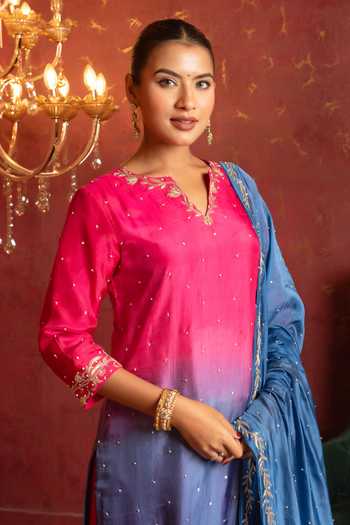 Buy Pomcha Jaipur Pink Silk V-neck, Yes Dabka Zardozi Embroidered Kurta Set Online at Aza Fashions Buy_Pomcha Jaipur_Pink Silk V-neck, Yes Dabka Zardozi Embroidered Kurta Set _Online_at_Aza_Fashions