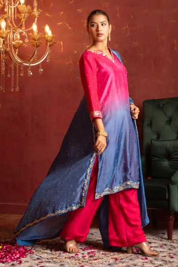Pomcha Jaipur Pink Silk V-neck, Yes Dabka Zardozi Embroidered Kurta Set at Aza Fashions Pomcha Jaipur_Pink Silk V-neck, Yes Dabka Zardozi Embroidered Kurta Set _at_Aza_Fashions