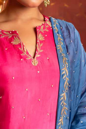 Buy Pomcha Jaipur Pink Silk V-neck, Yes Dabka Zardozi Embroidered Kurta Set Buy_Pomcha Jaipur_Pink Silk V-neck, Yes Dabka Zardozi Embroidered Kurta Set