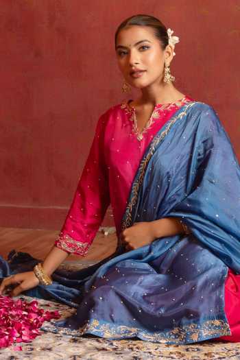 Shop Pomcha Jaipur Pink Silk V-neck, Yes Dabka Zardozi Embroidered Kurta Set Shop_Pomcha Jaipur_Pink Silk V-neck, Yes Dabka Zardozi Embroidered Kurta Set