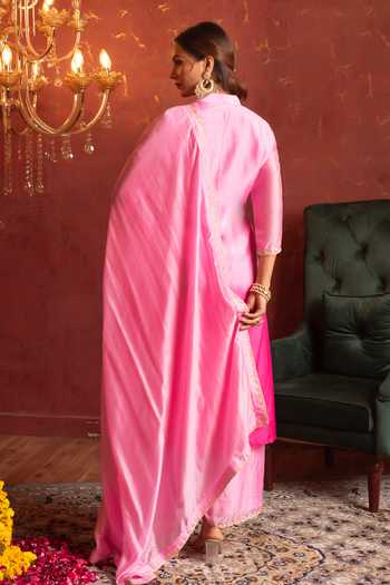 Pomcha Jaipur Pink Silk V-neck, Yes Zardozi Work Straight Kurta Set Online at Aza Fashions Pomcha Jaipur_Pink Silk V-neck, Yes Zardozi Work Straight Kurta Set _Online_at_Aza_Fashions