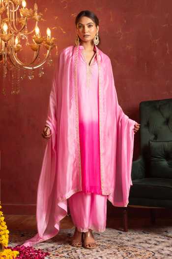 Buy Pomcha Jaipur Pink Silk V-neck, Yes Zardozi Work Straight Kurta Set Buy_Pomcha Jaipur_Pink Silk V-neck, Yes Zardozi Work Straight Kurta Set