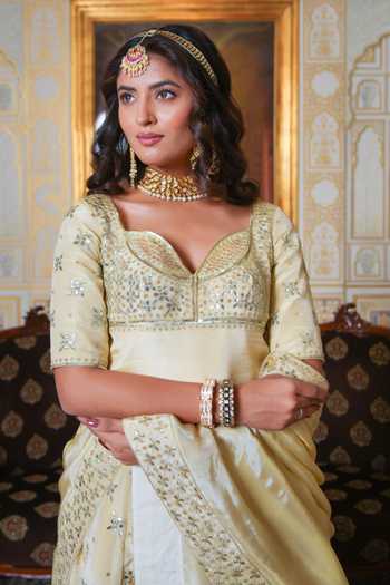 Pomcha Jaipur Gold Silk Sweetheart Neck Mehfil Sunehri Gota Patti Karigari Lehenga Set at Aza Fashions Pomcha Jaipur_Gold Silk Sweetheart Neck Mehfil Sunehri Gota Patti Karigari Lehenga Set _at_Aza_Fashions