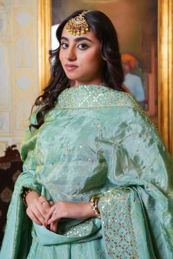 Shop_Pomcha Jaipur_Green Silk Mehfil Noor Gota Patti Embroidered Lehenga Set _Online_at_Aza_Fashions