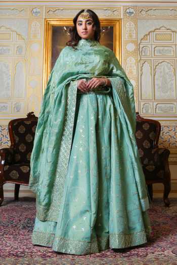 Buy_Pomcha Jaipur_Green Silk Mehfil Noor Gota Patti Embroidered Lehenga Set 