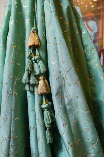 Shop_Pomcha Jaipur_Green Silk Mehfil Noor Gota Patti Embroidered Lehenga Set 