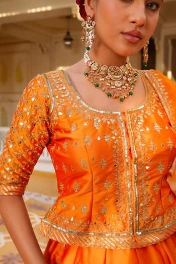 Pomcha Jaipur_Orange Taffeta, Organza Mehfil Kesari Sitara Aari Hand Work Lehenga Set _Online_at_Aza_Fashions