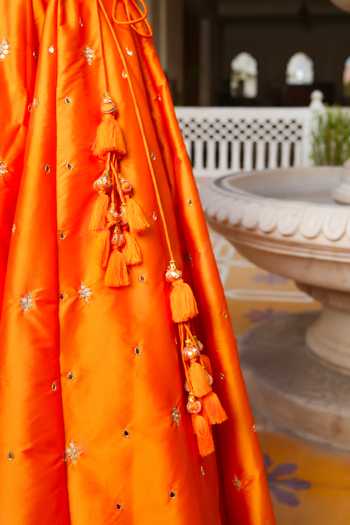 Shop_Pomcha Jaipur_Orange Taffeta, Organza Mehfil Kesari Sitara Aari Hand Work Lehenga Set _Online_at_Aza_Fashions