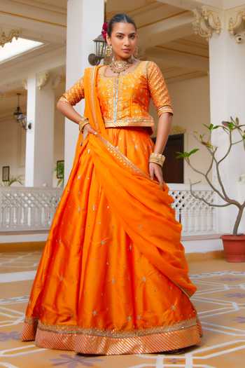 Shop_Pomcha Jaipur_Orange Taffeta, Organza Mehfil Kesari Sitara Aari Hand Work Lehenga Set 