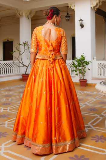 Pomcha Jaipur Mehfil Kesari Sitara Aari Taari Hand Work Lehenga Set 