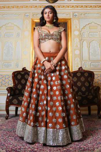 Pomcha Jaipur_Orange Dupion, Silk, Organza Mehfil Sunehri Shisha Hand Work Lehenga Set _Online_at_Aza_Fashions