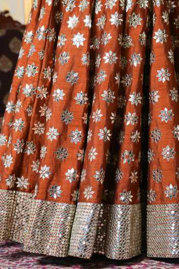 Shop_Pomcha Jaipur_Orange Dupion, Silk, Organza Mehfil Sunehri Shisha Hand Work Lehenga Set _Online_at_Aza_Fashions
