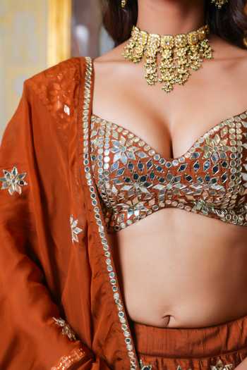 Pomcha Jaipur_Orange Dupion, Silk, Organza Mehfil Sunehri Shisha Hand Work Lehenga Set _at_Aza_Fashions