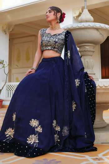 Pomcha Jaipur Blue Organza Sweetheart Neck Mehfil Neela Ruh Pitta Hand Work Lehenga Set at Aza Fashions Pomcha Jaipur_Blue Organza Sweetheart Neck Mehfil Neela Ruh Pitta Hand Work Lehenga Set _at_Aza_Fashions
