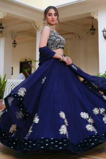 Buy Pomcha Jaipur Blue Organza Sweetheart Neck Mehfil Neela Ruh Pitta Hand Work Lehenga Set Buy_Pomcha Jaipur_Blue Organza Sweetheart Neck Mehfil Neela Ruh Pitta Hand Work Lehenga Set