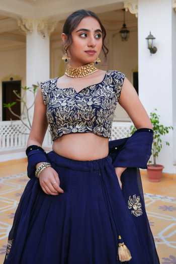 Shop Pomcha Jaipur Blue Organza Sweetheart Neck Mehfil Neela Ruh Pitta Hand Work Lehenga Set Shop_Pomcha Jaipur_Blue Organza Sweetheart Neck Mehfil Neela Ruh Pitta Hand Work Lehenga Set