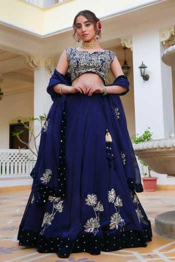 Pomcha Jaipur Mehfil Neela Ruh Pitta Hand Work Lehenga Set 