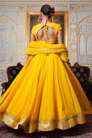 Pomcha Jaipur Mehfil Marigold Sequin Zari Hand Work Lehenga Set 