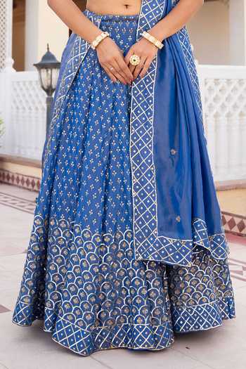 Pomcha Jaipur Blue Silk V-neck Mehfil Neel Noor Taari Karigari Lehenga Set at Aza Fashions Pomcha Jaipur_Blue Silk V-neck Mehfil Neel Noor Taari Karigari Lehenga Set _at_Aza_Fashions