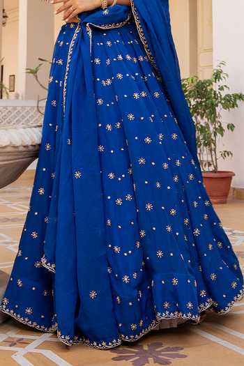Buy_Pomcha Jaipur_Blue Organza Sweetheart Neck Mehfil Surmai Neel Zari Dabka Work Lehenga Set _Online_at_Aza_Fashions