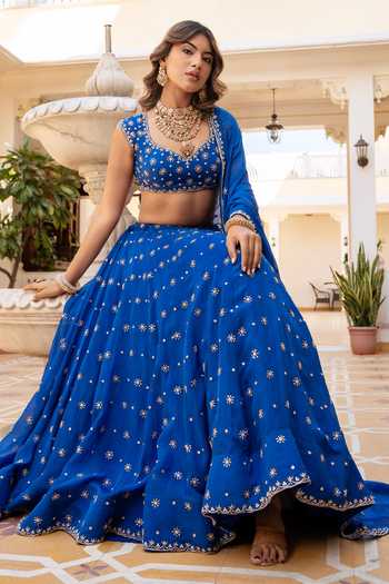 Buy_Pomcha Jaipur_Blue Organza Sweetheart Neck Mehfil Surmai Neel Zari Dabka Work Lehenga Set 