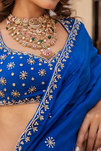 Shop_Pomcha Jaipur_Blue Organza Sweetheart Neck Mehfil Surmai Neel Zari Dabka Work Lehenga Set 