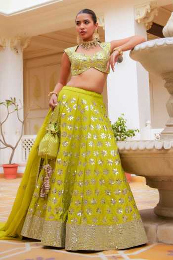 Pomcha Jaipur Green Silk, Dupion, Organza Mehfil Hariyali Shisha Hand Work Lehenga Set at Aza Fashions Pomcha Jaipur_Green Silk, Dupion, Organza Mehfil Hariyali Shisha Hand Work Lehenga Set _at_Aza_Fashions