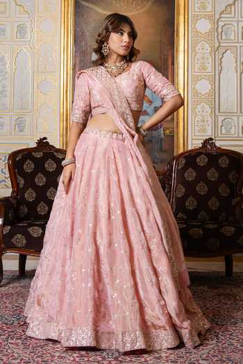 Pomcha Jaipur Mehfil Gulabi Gota Patti Embroidered Lehenga Set 
