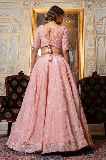 Pomcha Jaipur Mehfil Gulabi Gota Patti Embroidered Lehenga Set 