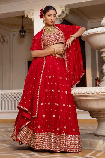 Pomcha Jaipur Mehfil Gul E Laal Gota Patti Work Lehenga Set 