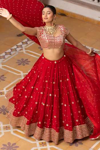 Buy Pomcha Jaipur Red Silk Sweetheart Neck Mehfil Gul E Laal Gota Patti Work Lehenga Set Buy_Pomcha Jaipur_Red Silk Sweetheart Neck Mehfil Gul E Laal Gota Patti Work Lehenga Set