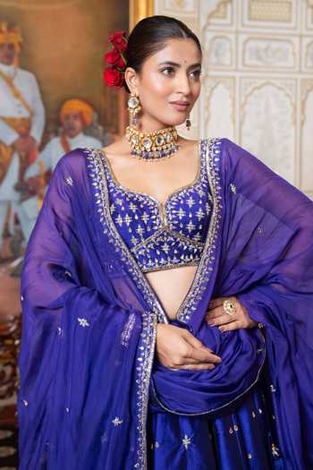 Buy Pomcha Jaipur Purple Taffeta, Organza Sweetheart Neck Mehfil Jamuni Zari Hand Work Lehenga Set Buy_Pomcha Jaipur_Purple Taffeta, Organza Sweetheart Neck Mehfil Jamuni Zari Hand Work Lehenga Set