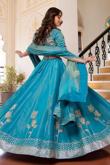Pomcha Jaipur Mehfil Firozi Mehar Tube Light Work Lehenga Set 