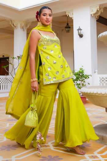 Shop_Pomcha Jaipur_Green Silk, Dupion, Organza Mehfil Noor E Tota Mirror Work Kurta Sharara Set _Online_at_Aza_Fashions