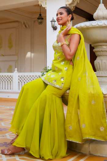 Pomcha Jaipur_Green Silk, Dupion, Organza Mehfil Noor E Tota Mirror Work Kurta Sharara Set _at_Aza_Fashions