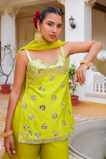 Buy_Pomcha Jaipur_Green Silk, Dupion, Organza Mehfil Noor E Tota Mirror Work Kurta Sharara Set 