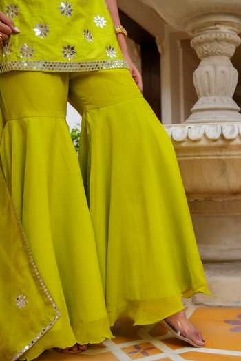 Shop_Pomcha Jaipur_Green Silk, Dupion, Organza Mehfil Noor E Tota Mirror Work Kurta Sharara Set 